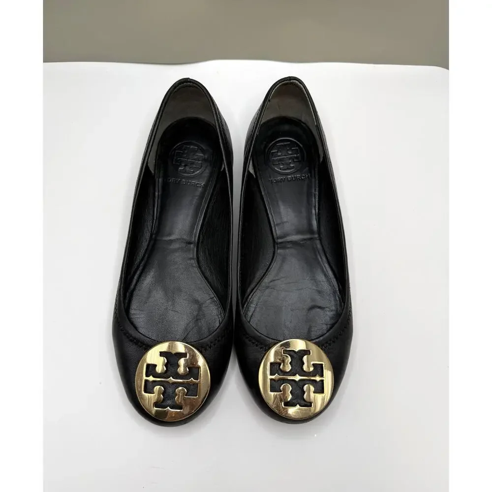 Tory Burch Reva black leather flats gold-toned logo plaque Sz 7